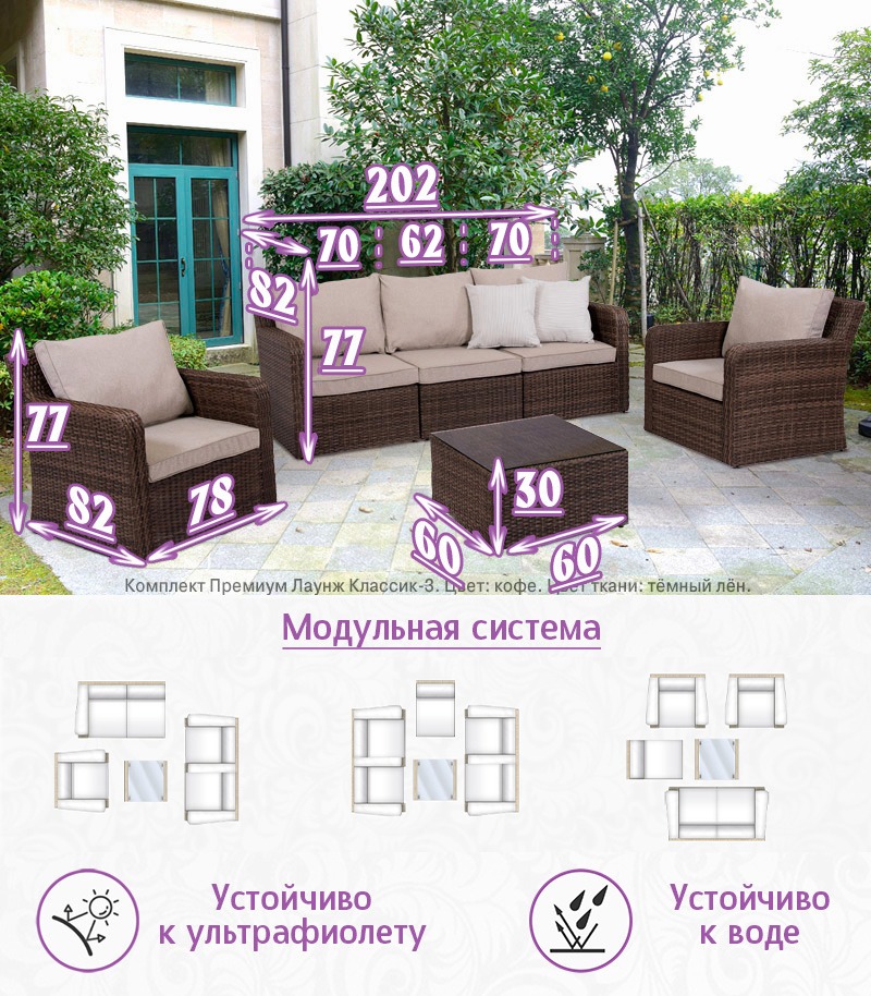Комплект мебели из искусственного ротанга Премиум Лаунж Классик-3 (цвет: кофе) (подушки: тёмный лён) — изображение 2