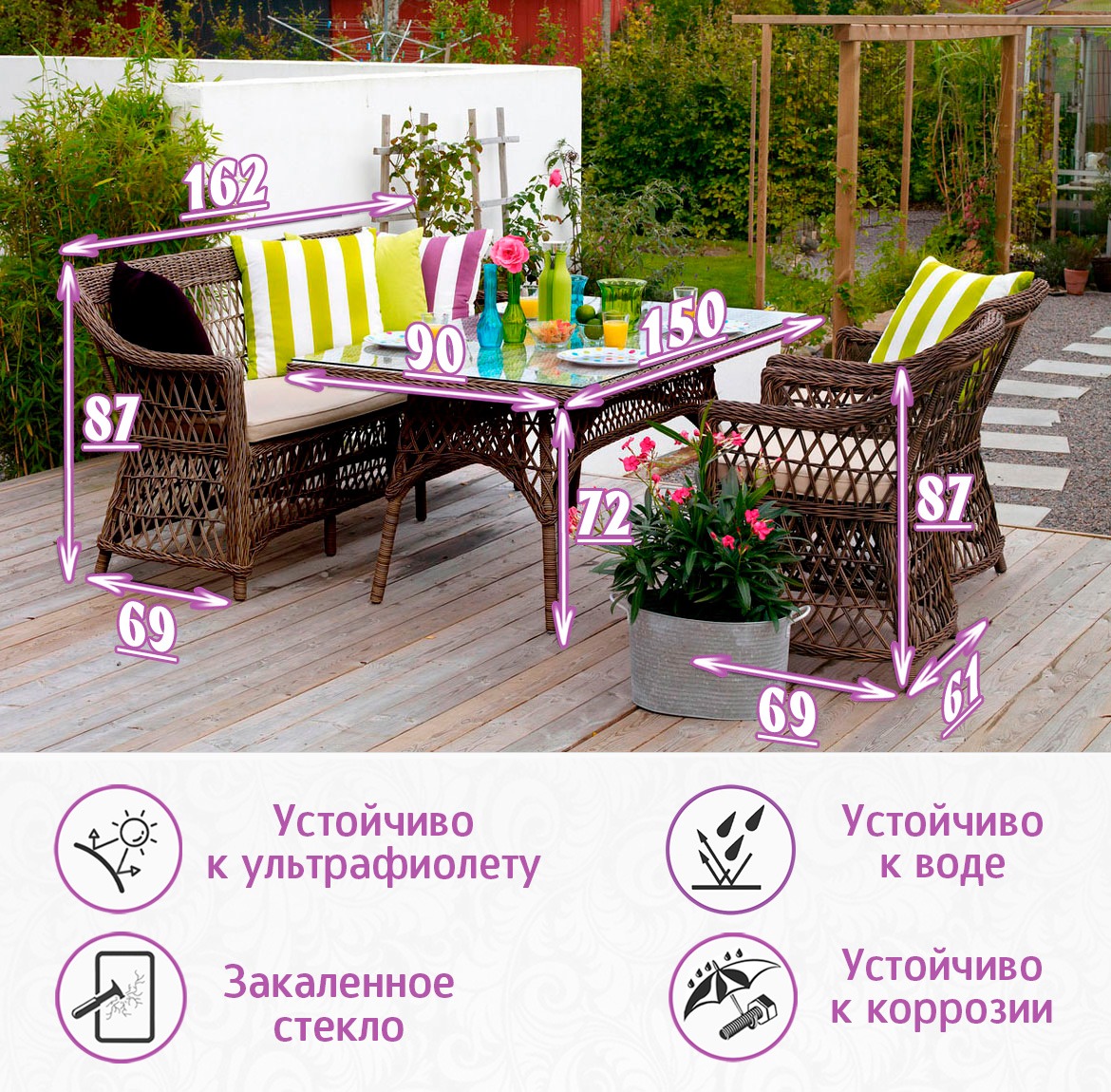 Комплект мебели из искусственного ротанга Пикник (цвет: кофе) (подушки: лен) — изображение 3