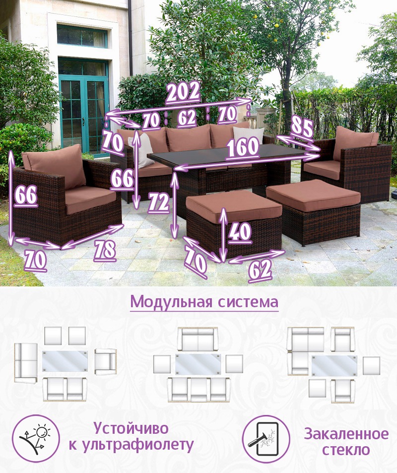 Комплект мебели из искусственного ротанга Лаунж-7 (цвет: шоколад) с коричневыми подушками