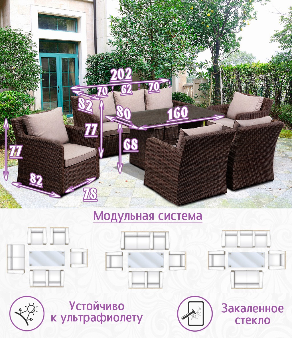 Комплект мебели из искусственного ротанга Премиум Лаунж-7+ (цвет: кофе) (подушки: тёмный лён) — изображение 2
