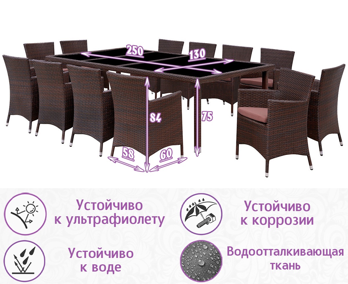 Обеденная группа из искусственного ротанга Пьяцца-12 (цвет: шоколад) с коричневыми подушками — изображение 2