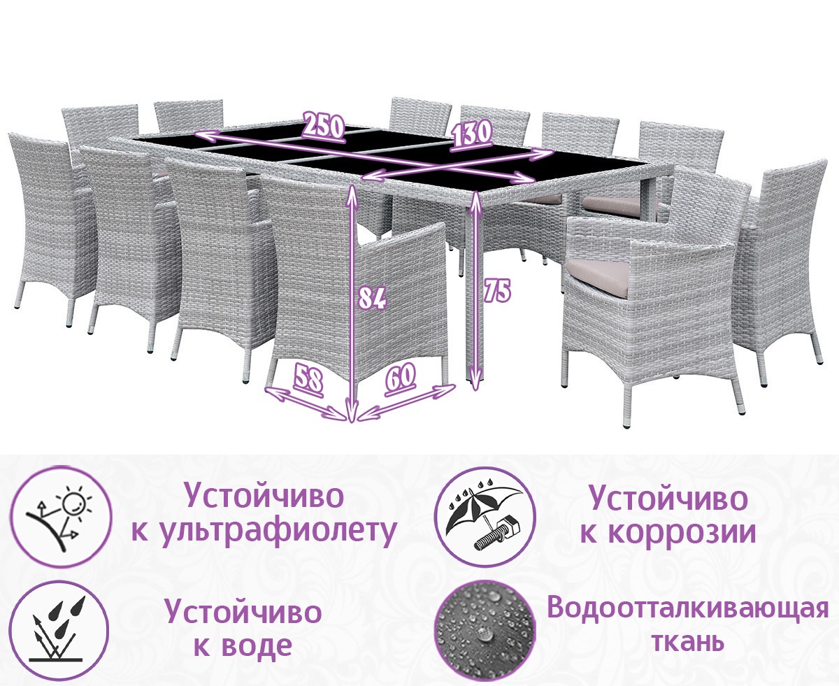 Обеденная группа из искусственного ротанга Пьяцца-12 (цвет: серый) с серыми подушками — изображение 2
