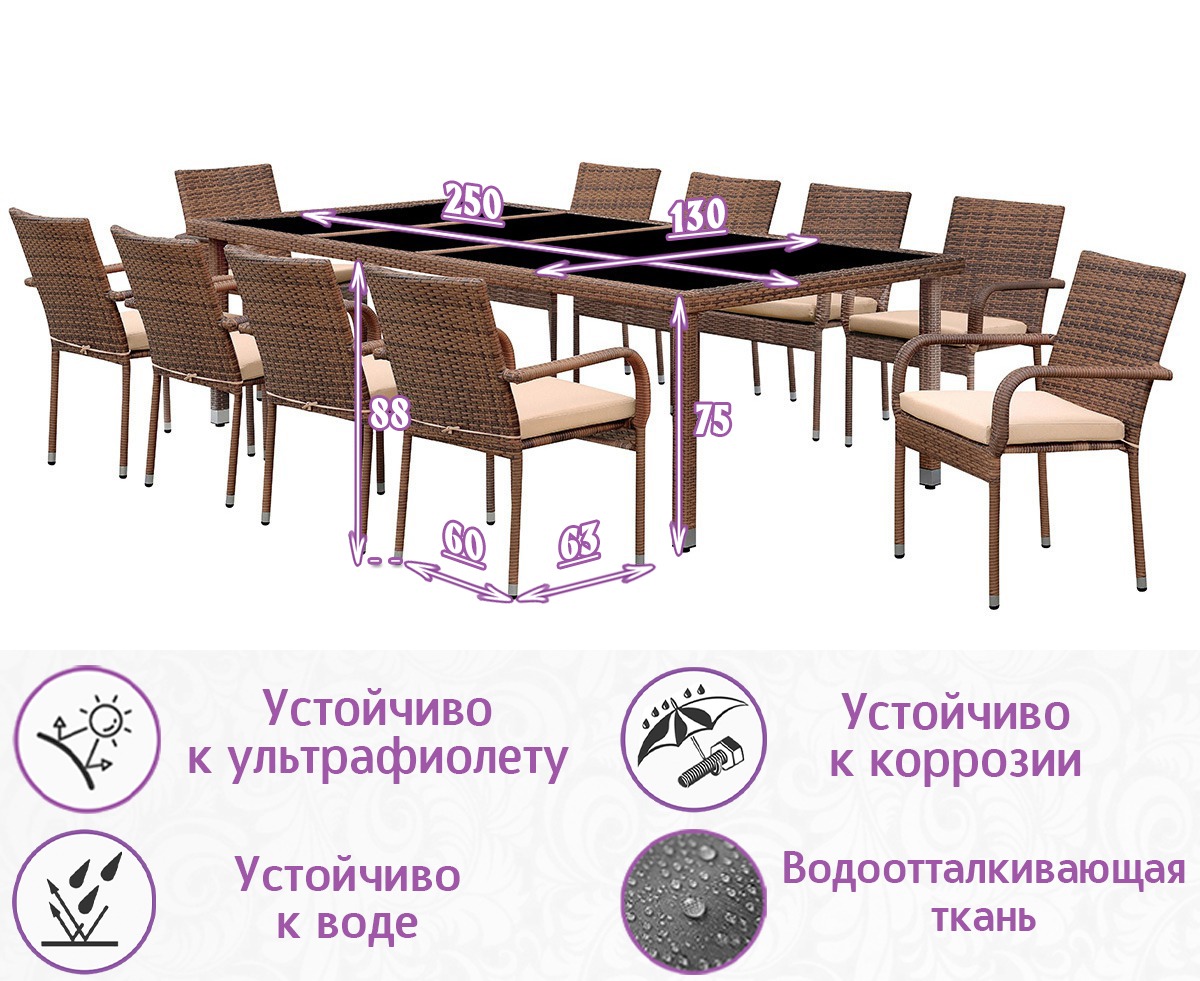 Обеденная группа из искусственного ротанга Корсо-10 (цвет: капучино) с бежевыми подушками — изображение 2