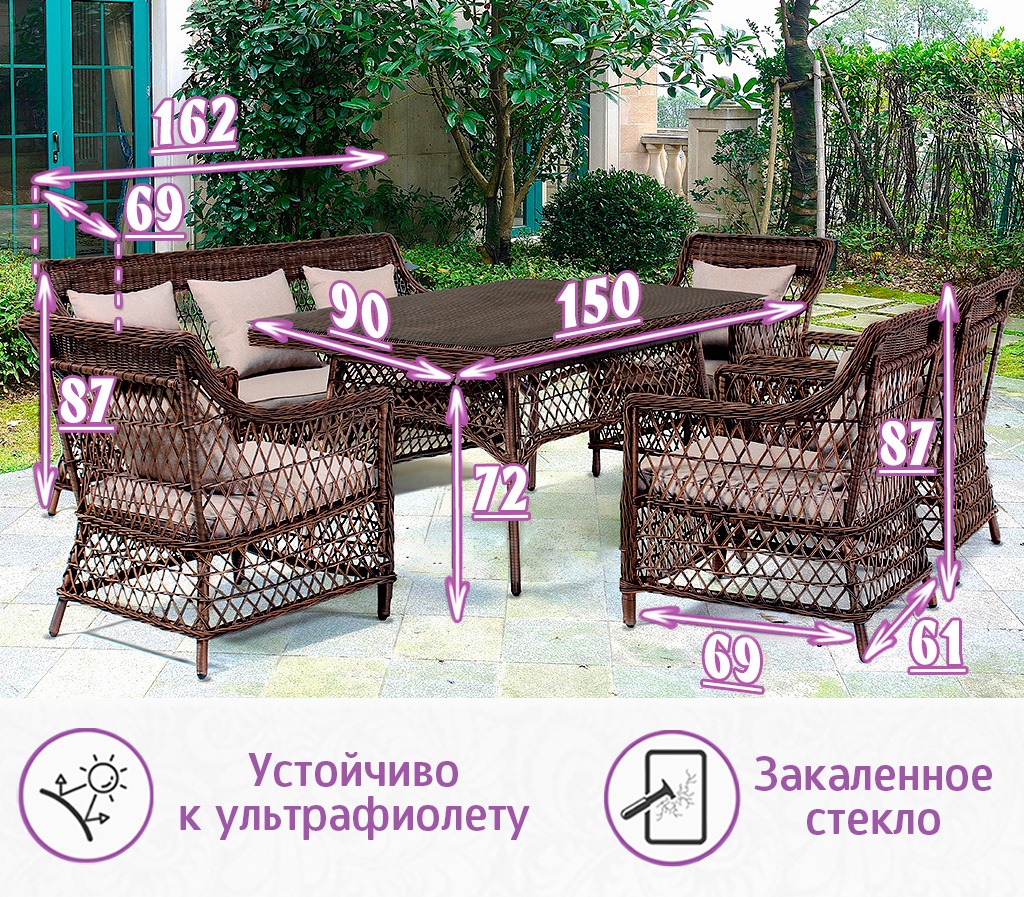 Комплект мебели для обеда и отдыха из искусственного ротанга Пикник-7+ (цвет: кофе) (подушки: лен) — изображение 3