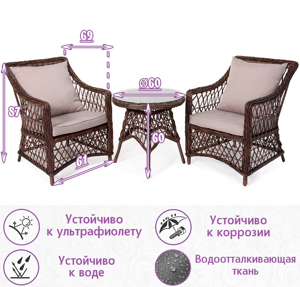 Кофейный комплект из искусственного ротанга Пикник Дуэт (цвет: кофе) (подушки: лен) — изображение 6