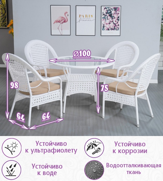 Обеденная группа из искусственного ротанга Шампань-4 (цвет: белый) — изображение 5