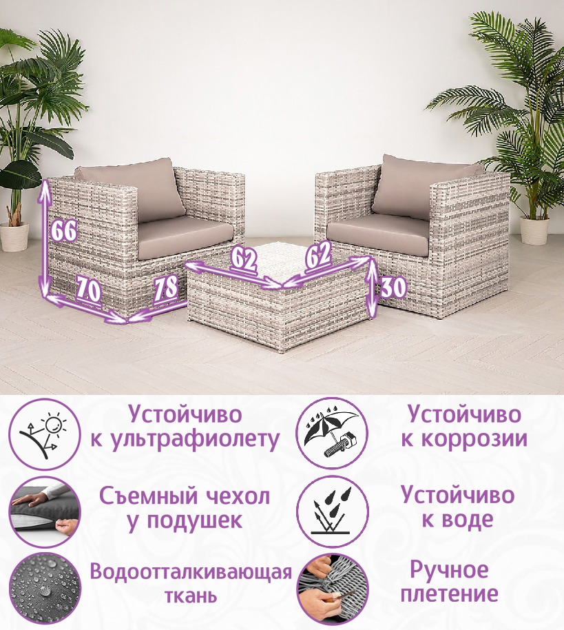 Комплект из искусственного ротанга Лаунж Дуэт (Lounge Duet) (цвет меланж: серый) — изображение 2