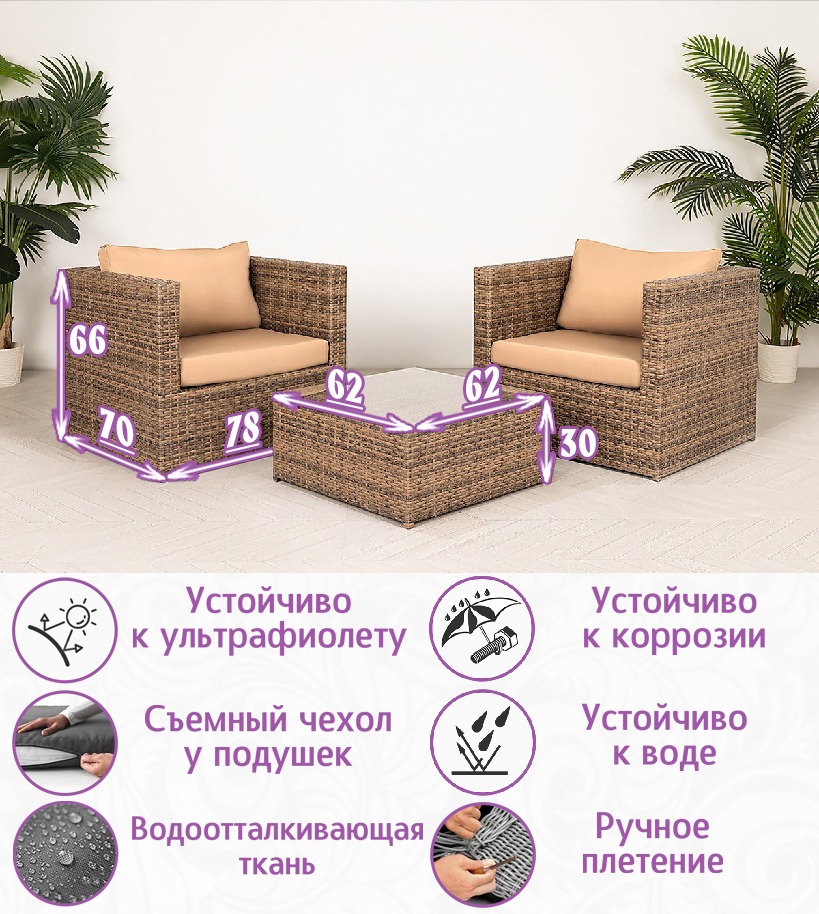 Комплект из искусственного ротанга Лаунж Дуэт (Lounge Duet) (цвет меланж: капучино) — изображение 2