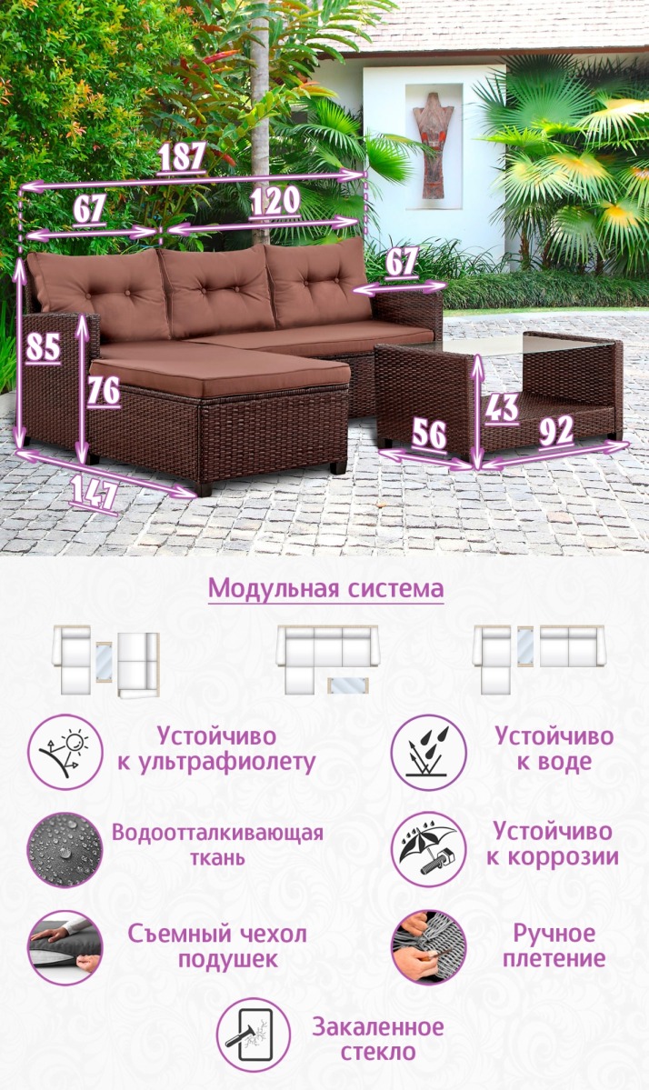 Комплект из искусственного ротанга Софитель (Sofitel) (цвет: шоколад) с коричневыми подушками — изображение 2