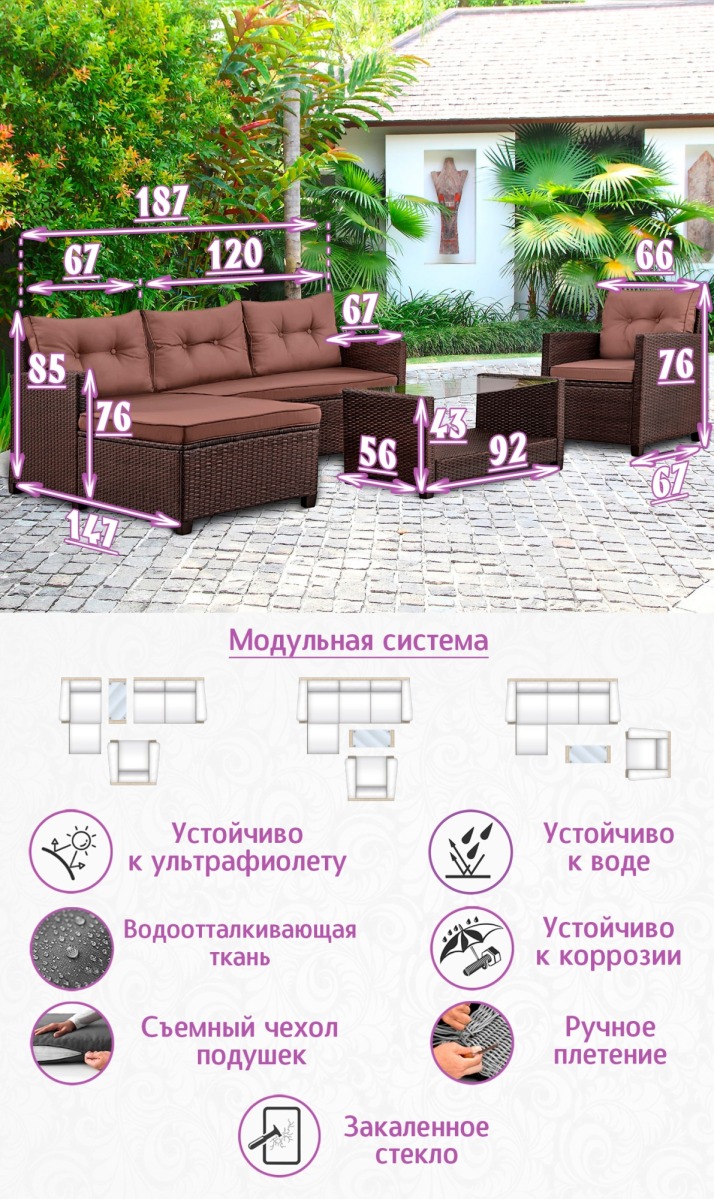 Комплект из искусственного ротанга Софитель Плюс (Sofitel+) (цвет: шоколад) с коричневыми подушками — изображение 2